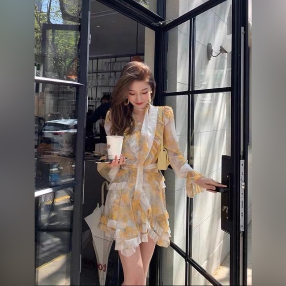 Zimmermann Botanica Long Sleeve Yellow Silk
Frill Wrap Mini Dress - Picture 5 of 11